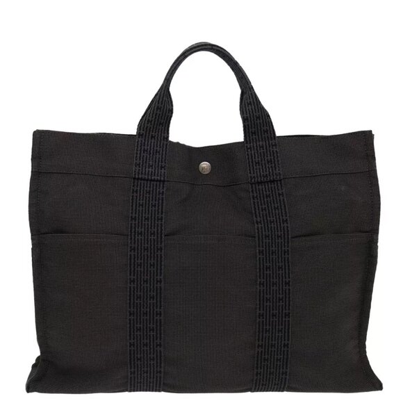 HERMES Her Line MM Tote Bag Canvas Gray Auth 70654 - Picture 1 of 15